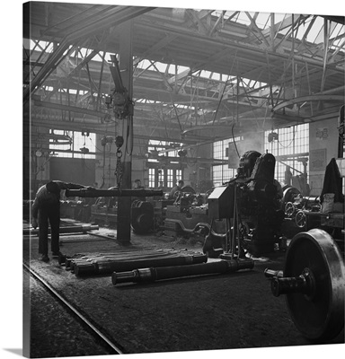 Inside the locomotive repair shops at an Illinois Central Railroad yard in Chicago.