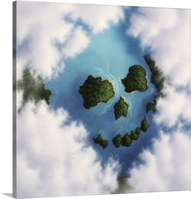 Islands framed by clouds forming a skull