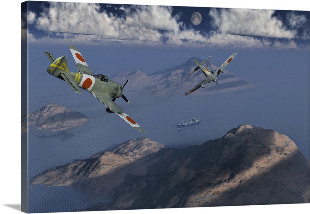 Japanese Nakajima Ki-84 fighter planes about to attack an allied ship somewhere in the Pacific during World War II.