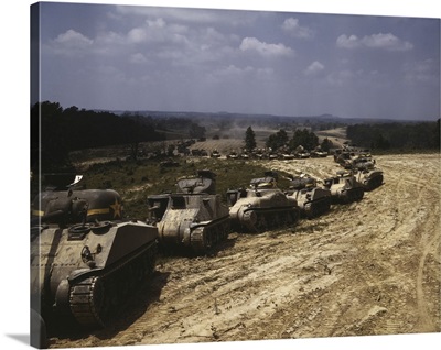 June 1942 - Convoy of M4  and M3 tanks in training maneuvers, Fort Knox, Kentucky.