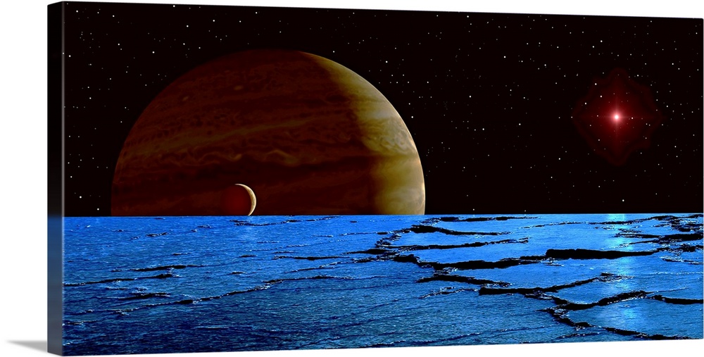 Panoramic photograph of an orbiting body's surface with it's moon and planet in the distance, with a stark filled sky back...