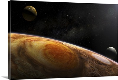 Jupiters moons Io and Europa hover over the Great Red Spot on Jupiter