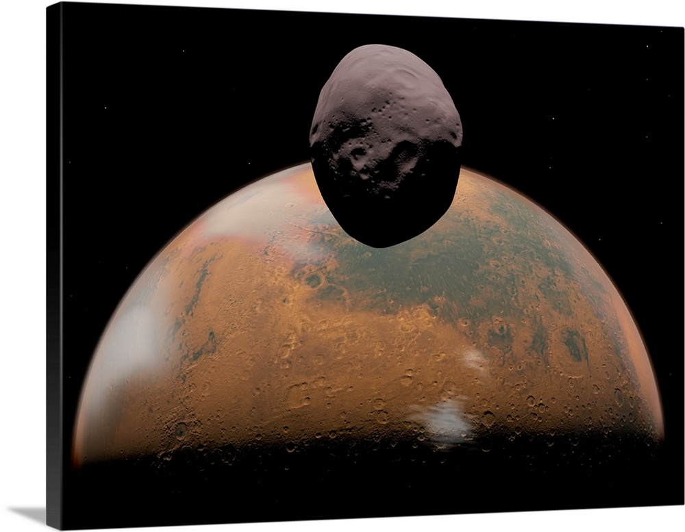 Artist's concept of Mars and its tiny moon Phobos.