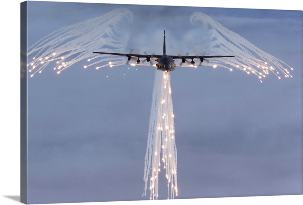 MC-130H Combat Talon is dropping flares which is normally used to decoy infrared guided missiles. This mass flare drop is ...