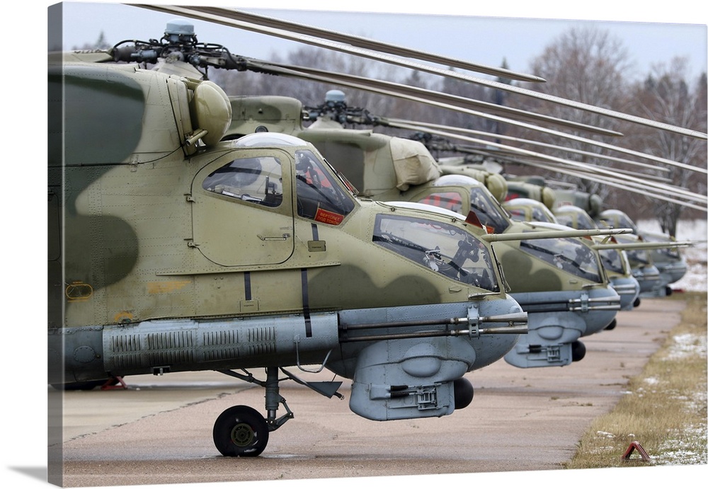 Mi-24P Attack Helicopters Of The Russian Air Force Parked On Tarmac In Kubinka, Russia
