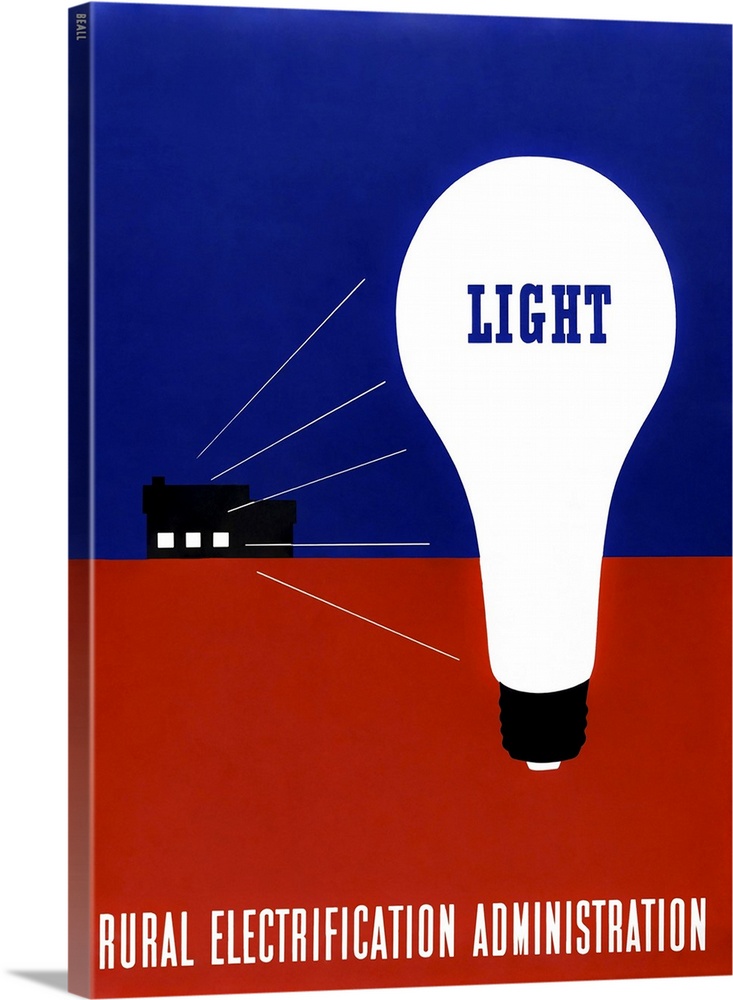 Mid 20th century artwork by Lester Beall, featuring the word LIGHT within a giant bulb while the backdrop comprises a rura...