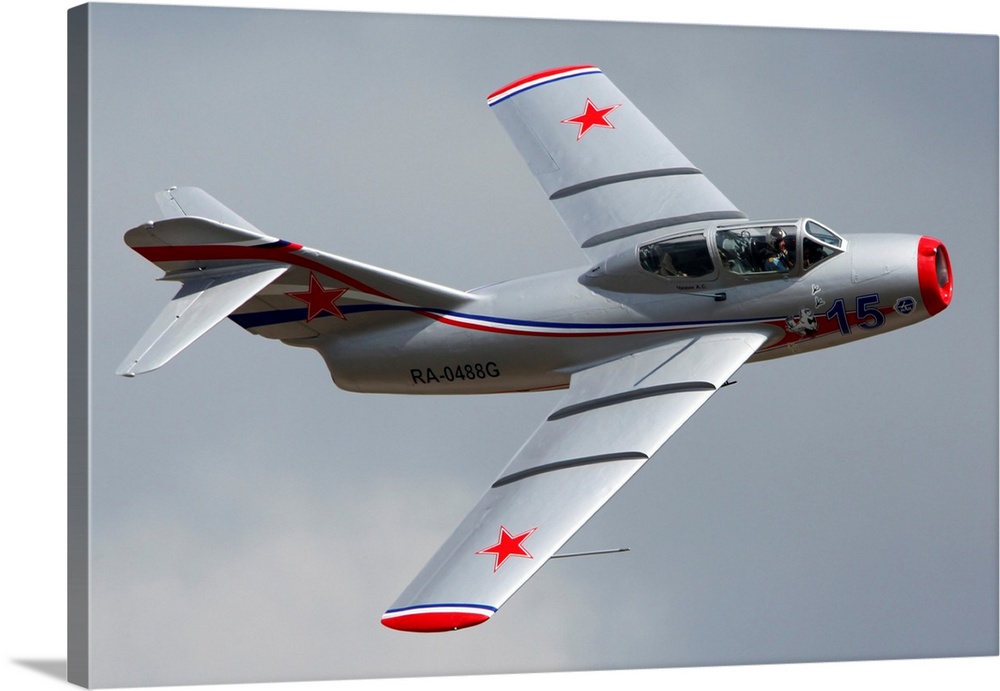 MiG-15UTI jet fighter performing a demonstration flight, Zhukovsky, Russia.