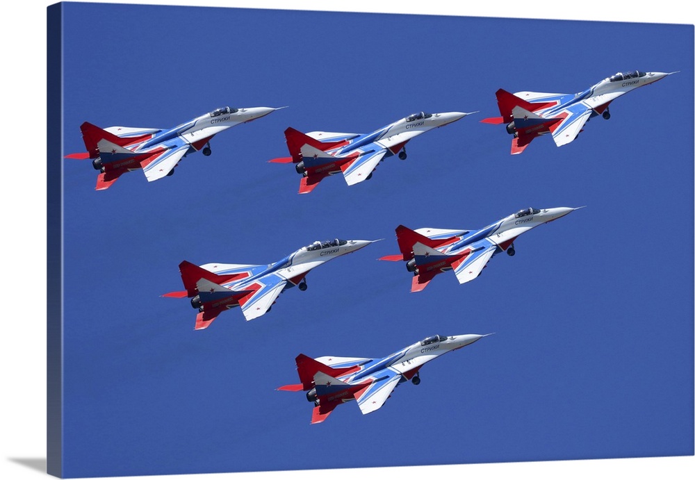 MiG-29 jet fighters of Strizhi (Swifts) aerobatics team of the Russian Air Force fly in formation