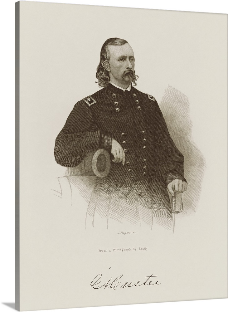 Military history engraving of General George Armstrong Custer, circa 1865.