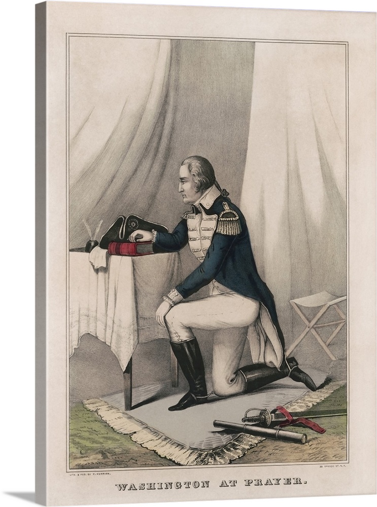 Military history print of General George Washington at prayer in his tent before battle.