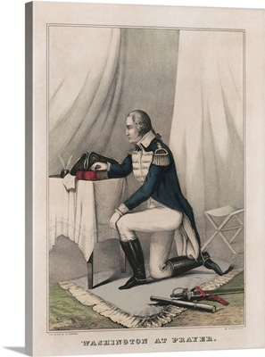 Military History Print Of General George Washington At Prayer In His Tent Before Battle