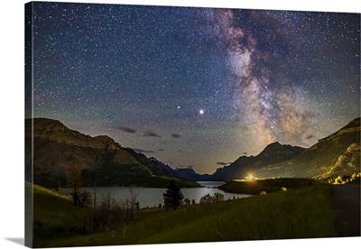 Milky Way And Planets Jupiter And Saturn Over Waterton Lakes National Park, Canada