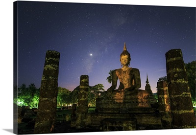 Milky Way And Venus Shine In The Evening Twilight Above A Buddha In Sukhothai, Thailand