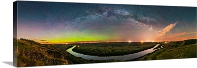 Milky Way Arching Over The Scenic Bend Of The Red Deer River, Alberta, Canada