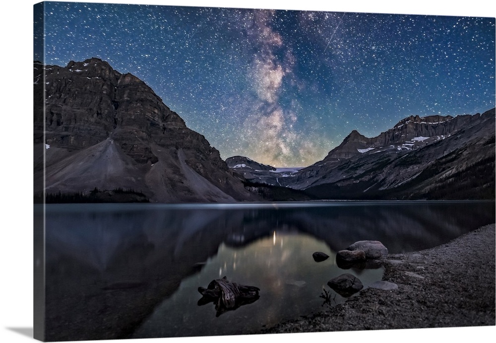 Milky Way setting behind Bow Glacier at the end of Bow Lake in Banff National Park, Canada.