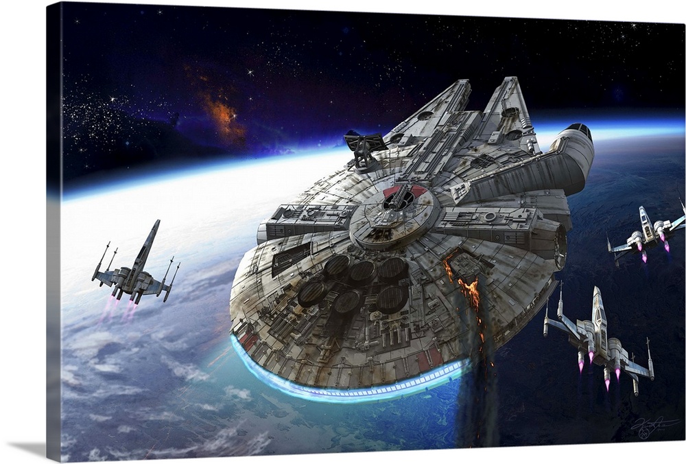 Millennium Falcon being escorted by X-Wings Solid-Faced Canvas Print