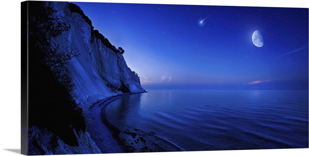 Moon rising over tranquil sea and Mons Klint cliffs against starry sky with falling meteorite, Denmark.
