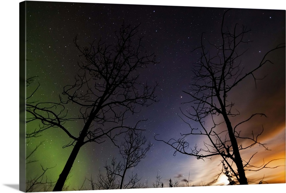 Moonrise and aurora borealis, Lake Laberge, Yukon Territory, Canada.