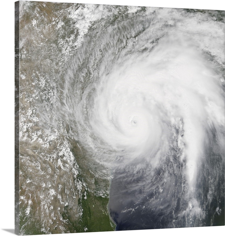 Natural color satellite image of Hurrican Harvey making landfall on Texas.