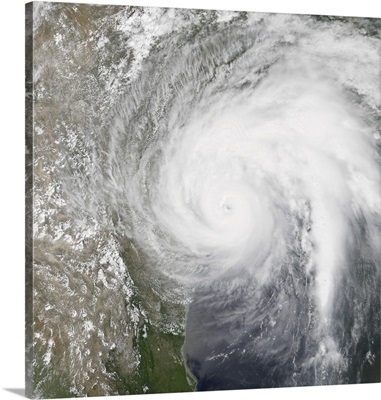 Natural color satellite image of Hurricane Harvey making landfall on Texas