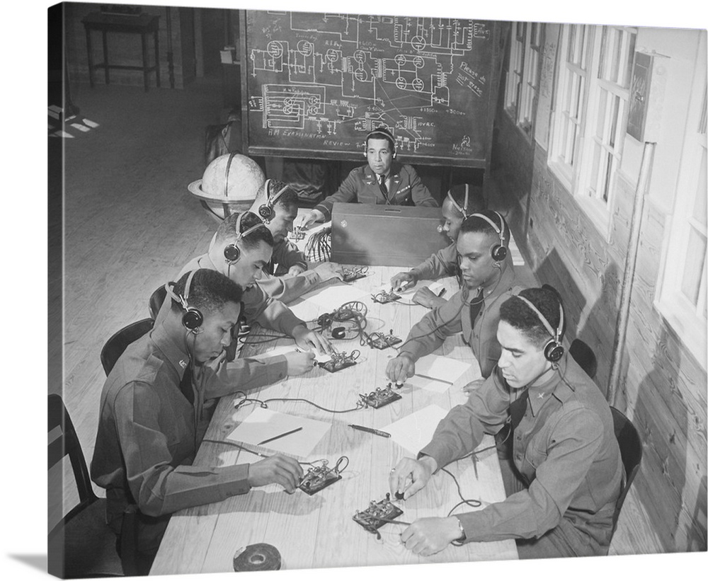 Negro Air Corps cadets learning how to send and receive code, 1942.