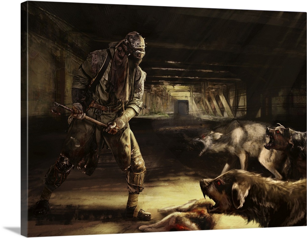 Nuclear post apocalypse survivor fighting for his life with mutated dogs.