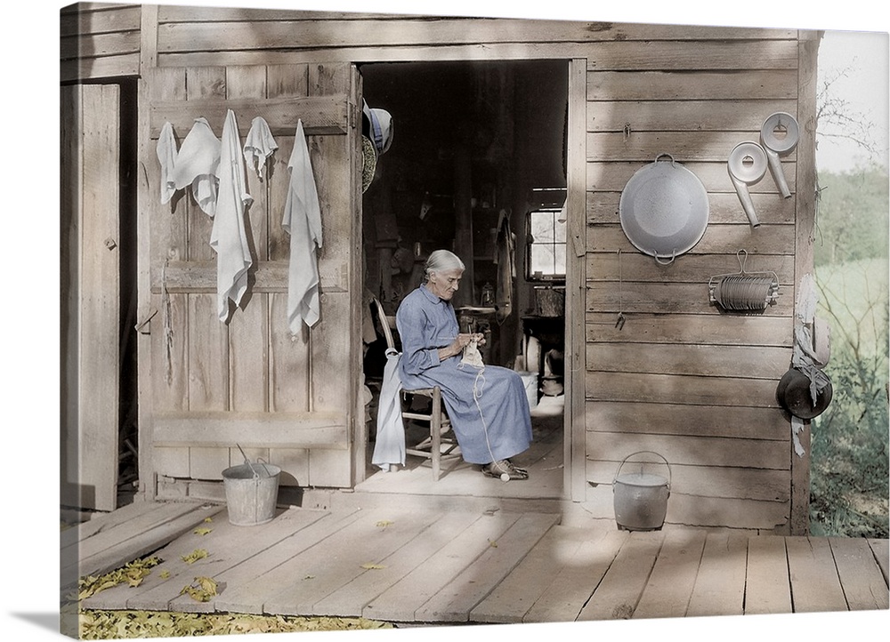 October 1933 - An elder woman knitting on a farm near Bulls Gap, Tennessee. This photo has been digitally restored and col...