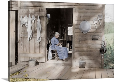 October 1933 - An elder woman knitting on a farm near Bulls Gap, Tennessee.