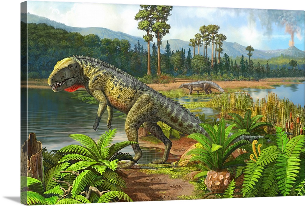 Ornithosuchus reptiles grazing prehistoric wetlands.