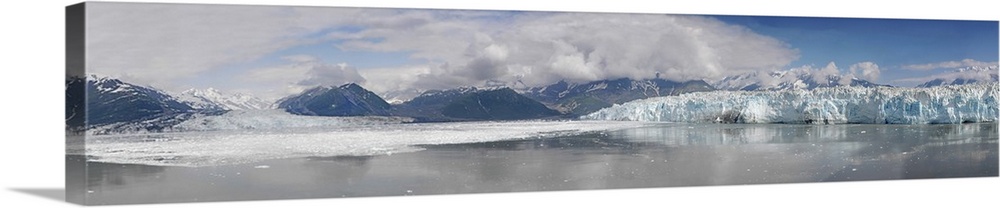 Overview of Disenchantment Bay, Hubbard Glacier right, Turner/Haenke Glacier left, Wrangell-St. Elias Mountain peaks in ba...