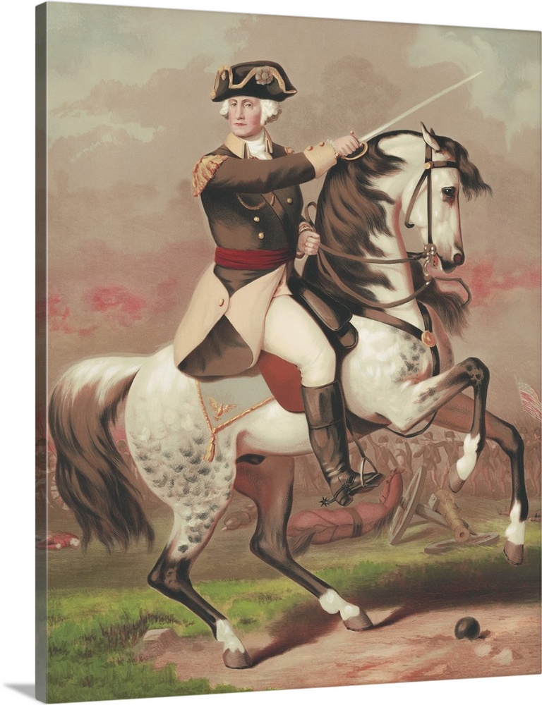 Painting of General George Washington riding a horse during the Battle of Trenton.