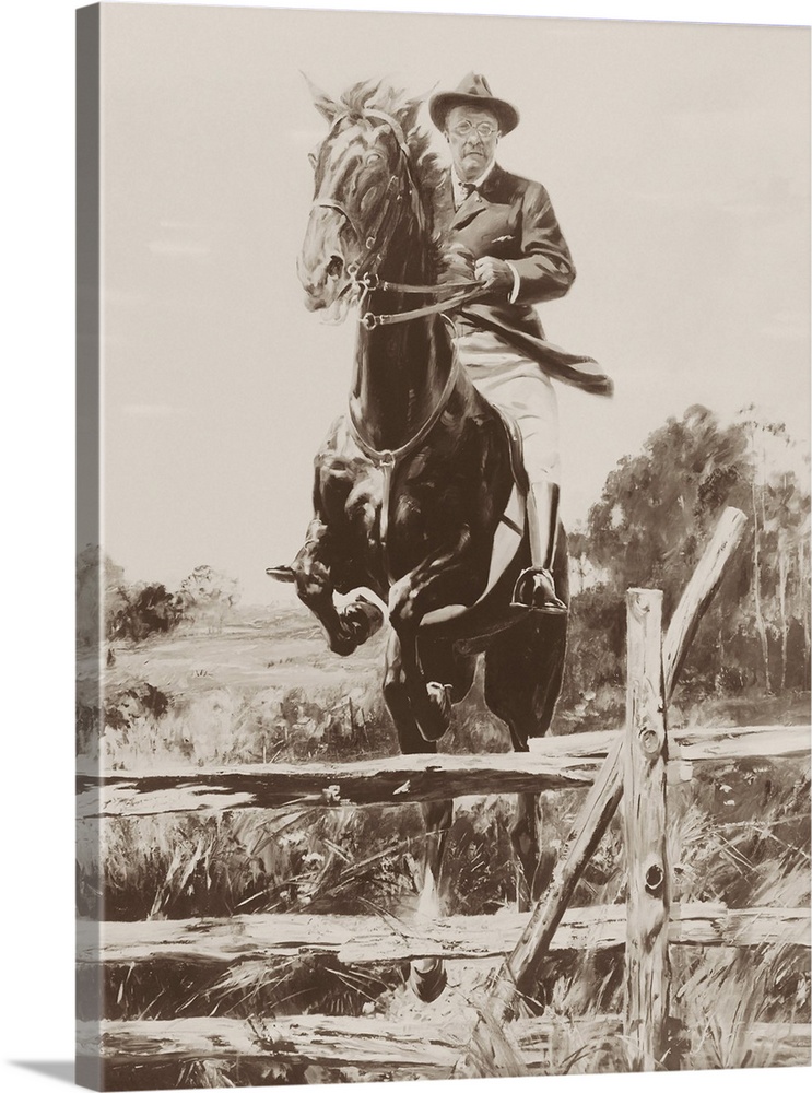 Painting of Theodore Roosevelt jumping a horse over a fence.