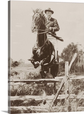 Painting Of Theodore Roosevelt Jumping A Horse Over A Fence