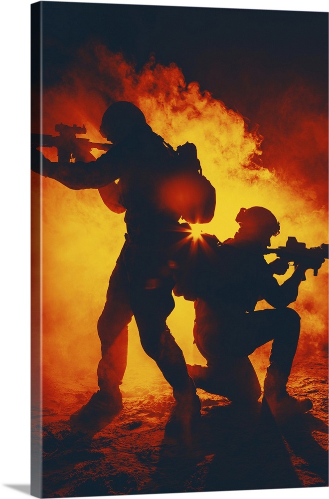 Pair of army soldiers attacking in the smoke.