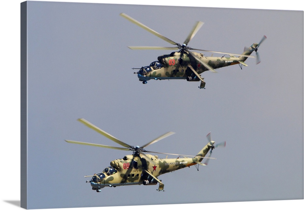 Pair of Mil Mi-24P attack helicopters of Russian Air Force.