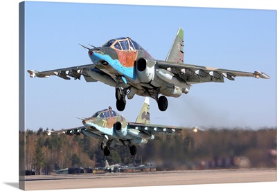 Pair Of Su-25 Attack Aircraft Of The Russian Air Force Taking Off, Kubinka, Russia