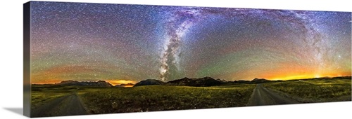 Panorama of the Milky Way and night sky at Waterton Lakes National Park ...