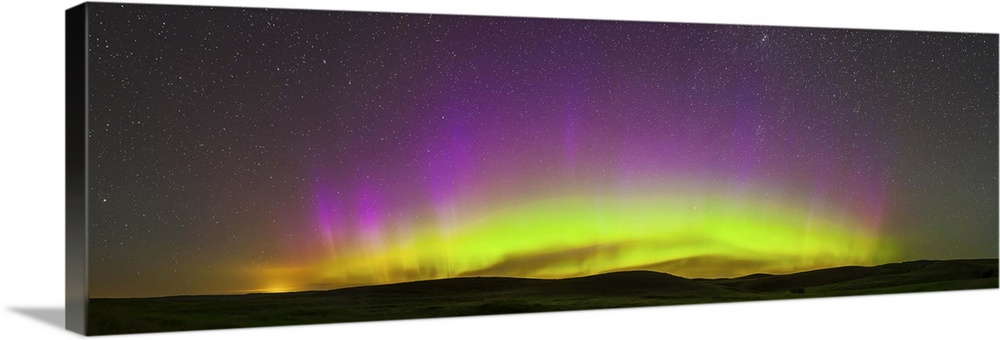 July 14, 2013 - Panorama of the northern lights from the Reesor Ranch in Cypress Hills, southwest Saskatchewan, Canada. Th...