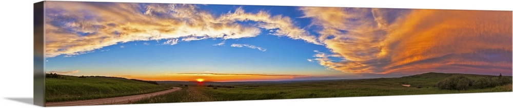July 11, 2013 - Panoramic view of sunset at Reesor Ranch, near Cypress Hills, Alberta, Canda.