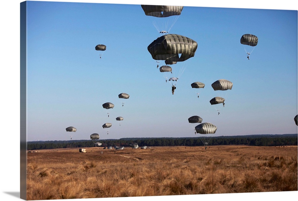 Paratroopers fill the sky for Operation Toy Drop at Fort Bragg, North Carolina.