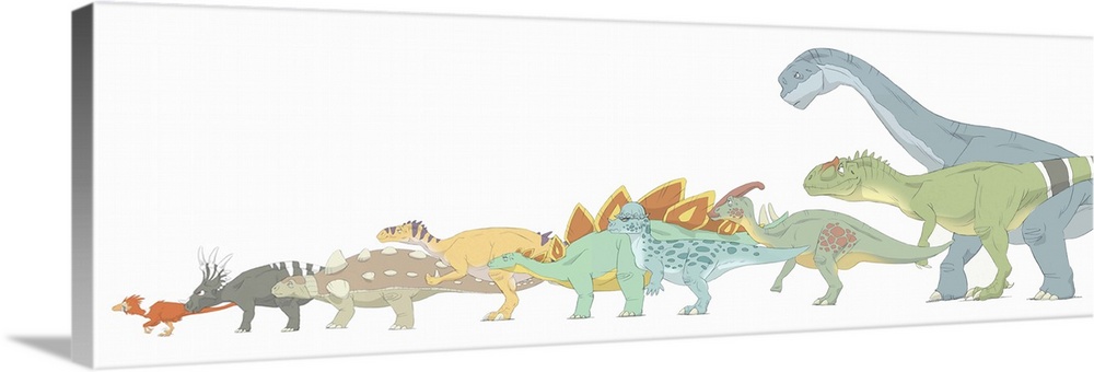 Pencil drawing illustrating various dinosaurs and their comparative sizes.