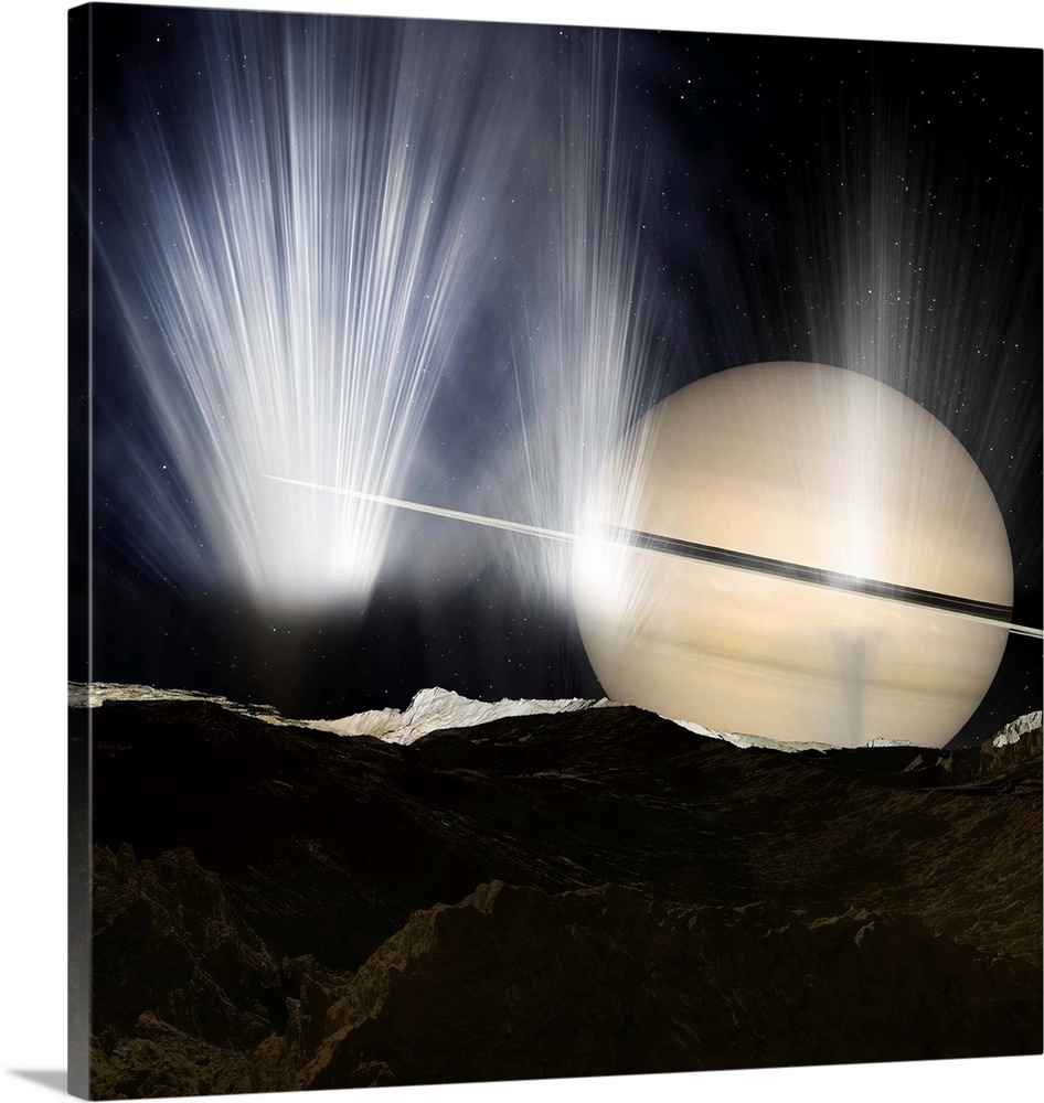 Plumes of ice crystals rise from geysers into the sunlight as dawn breaks on Enceladus, one of Saturn's many moons.