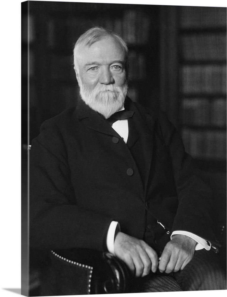 Vintage American history photo of Andrew Carnegie seated in a library. By Frances Benjamin Johnston, April 1905.