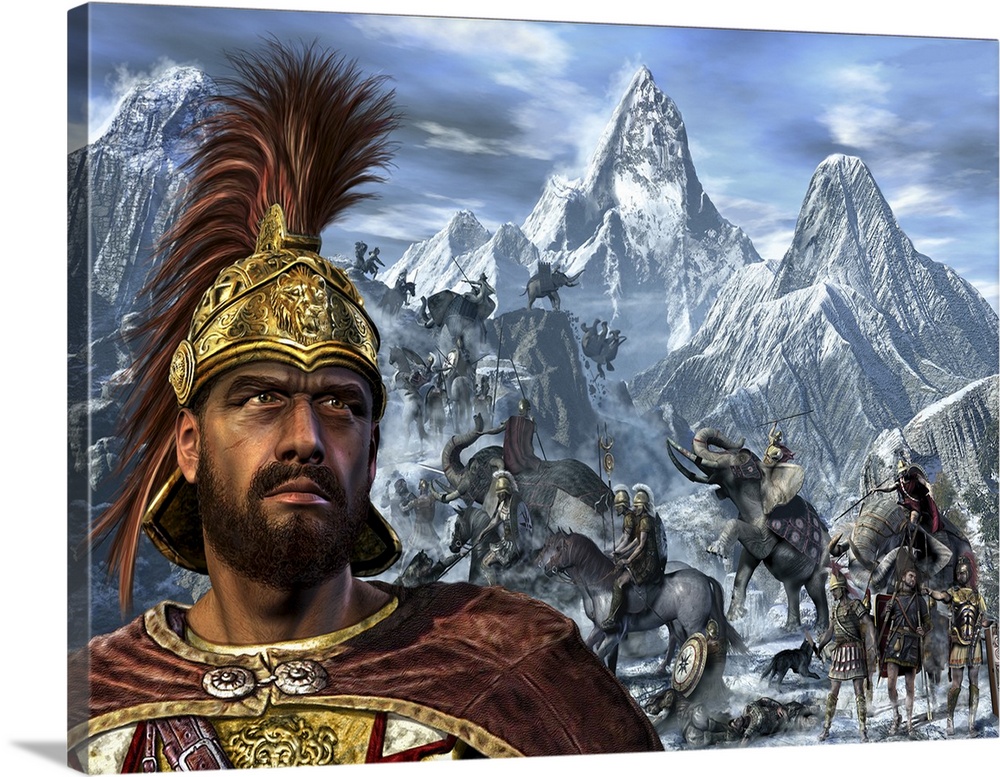Portrait of Hannibal and his troops crossing the Alps.