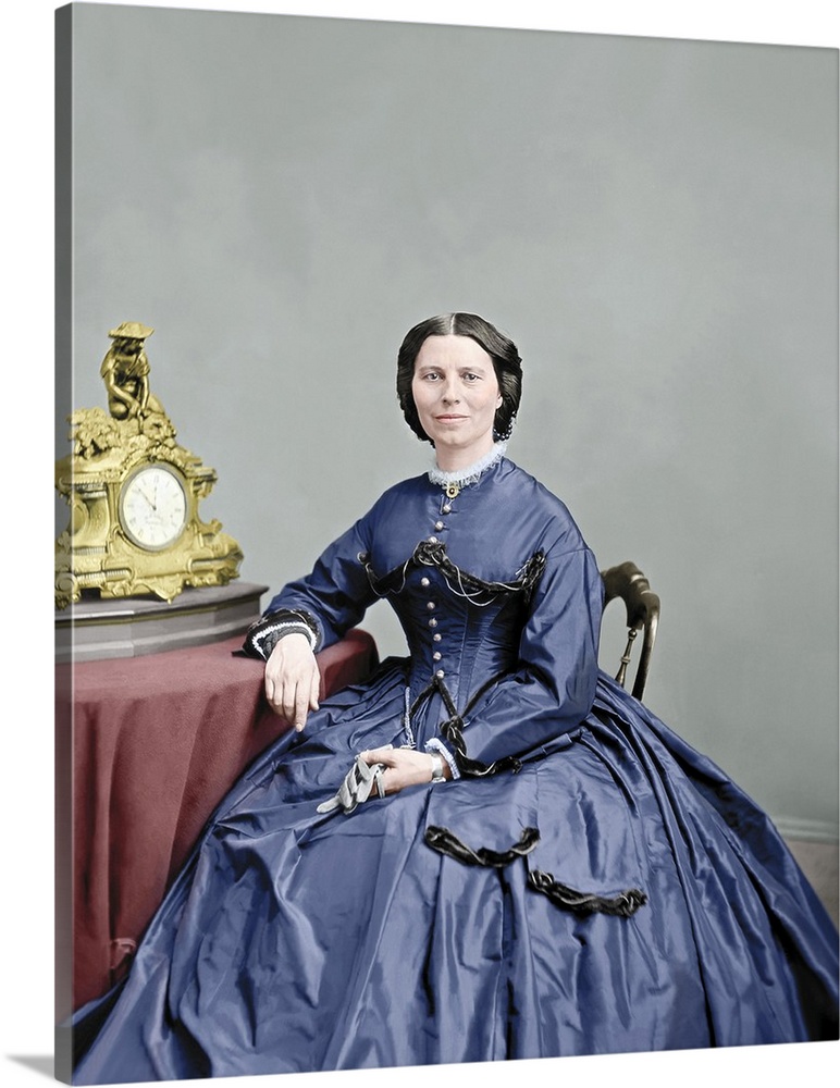 Portrait of Miss Clara Barton, circa 1866. This photo has been digitally restored and colorized.