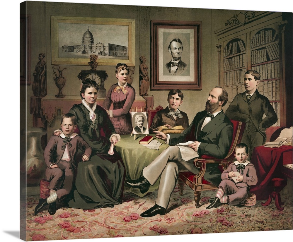 Portrait of President Garfield and his family in their parlor.