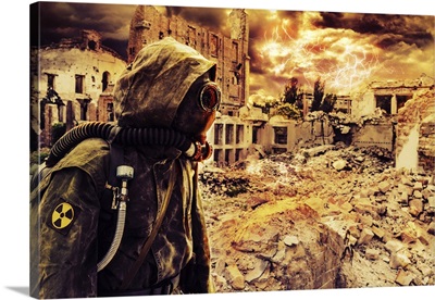 Post Apocalypse Survivor In Tatters And Gas Mask On The Ruins Of A Destroyed City