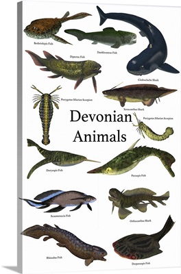 Poster of prehistoric animals during the Devonian period