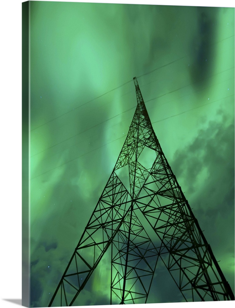 Powerlines and aurora borealis, Tjeldsundet, Norway.