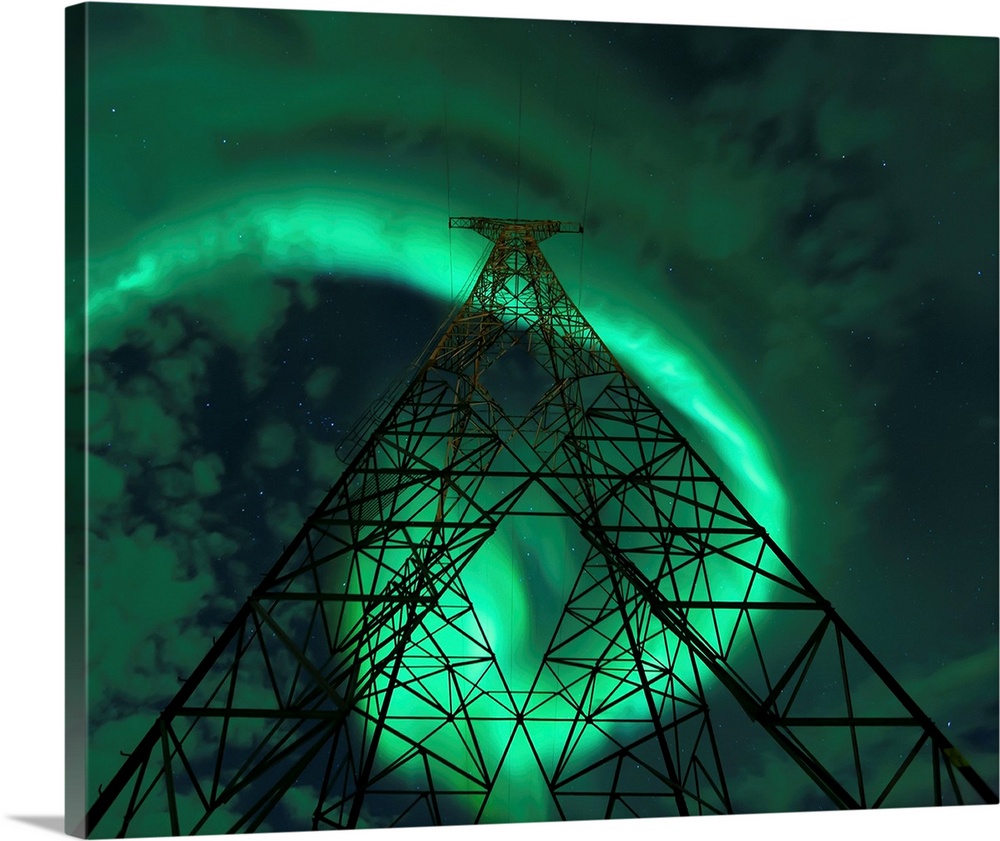 Powerlines and aurora borealis, Tjeldsundet, Norway.